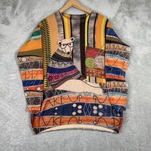 Polar Bear Knitting Sweater Mens Large Multicolor Wool Blend Quirky Art Y2K